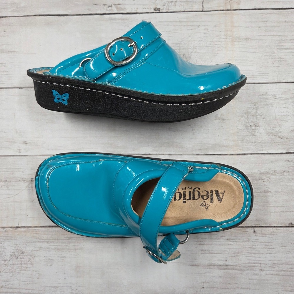 Alegria Clogs Kids Size 3 Turquoise Lou Patent Leather Look Buckle Mules Rocker‎